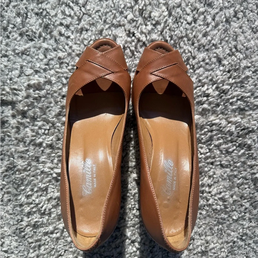 Brown Platform Peep Toe Heels EU 38 Stiletto Pumps Cutout Leather